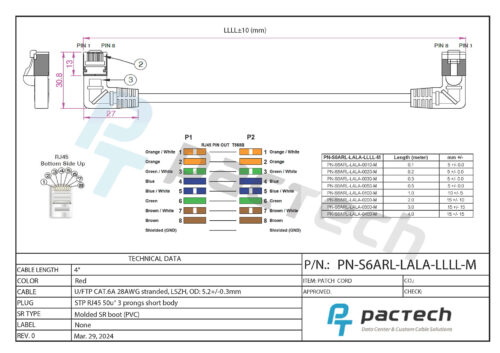 Shielded CAT6A Cable - U/FTP 28AWG LSZH, Molded SR Left Angled to Left Angled